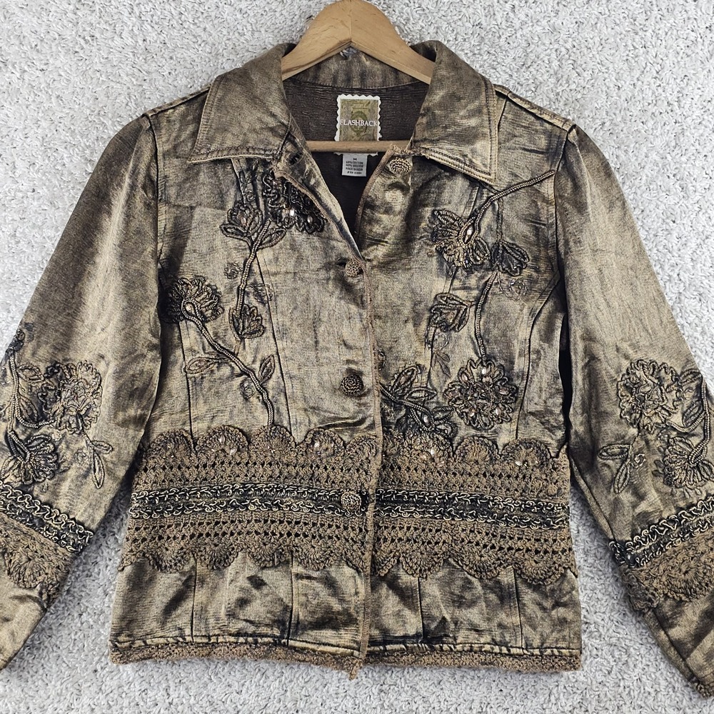 Vintage Flashback Floral Embellished Tapestry Paisley Gold Coat Sz M Festival